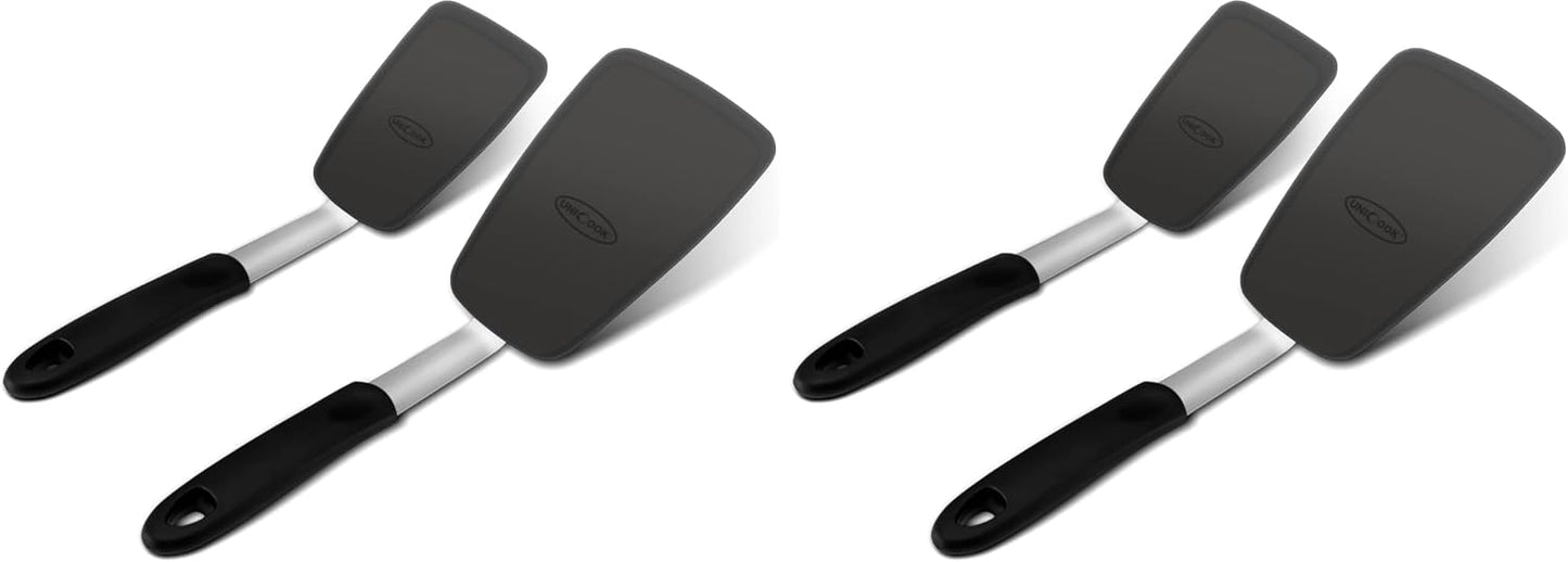 Unicook 2 Pack Flexible Silicone Spatula, Turner, 600F Heat Resistant, Ideal for Flipping Eggs, Burgers, Crepes and More, Black