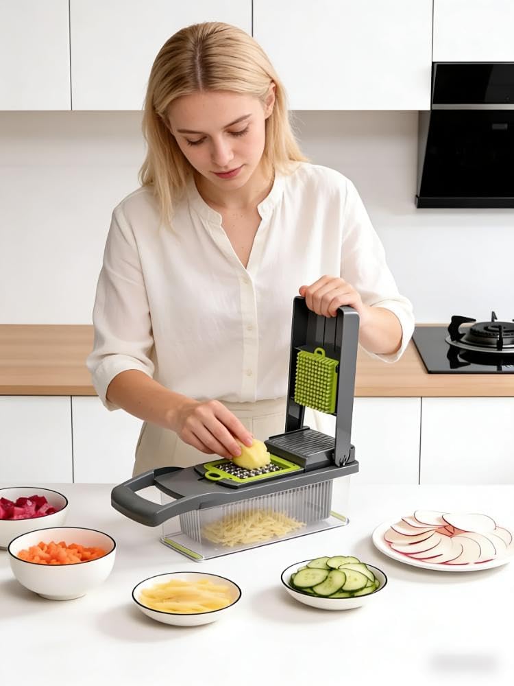 Vegetable Chopper,Multifunctional 8 Blades Food Choppers Onion Chopper Vegetable Slicer Cutter Dicer Veggie chopper,Colander Basket,Container for Salad Potato Carrot Garlic (Green)