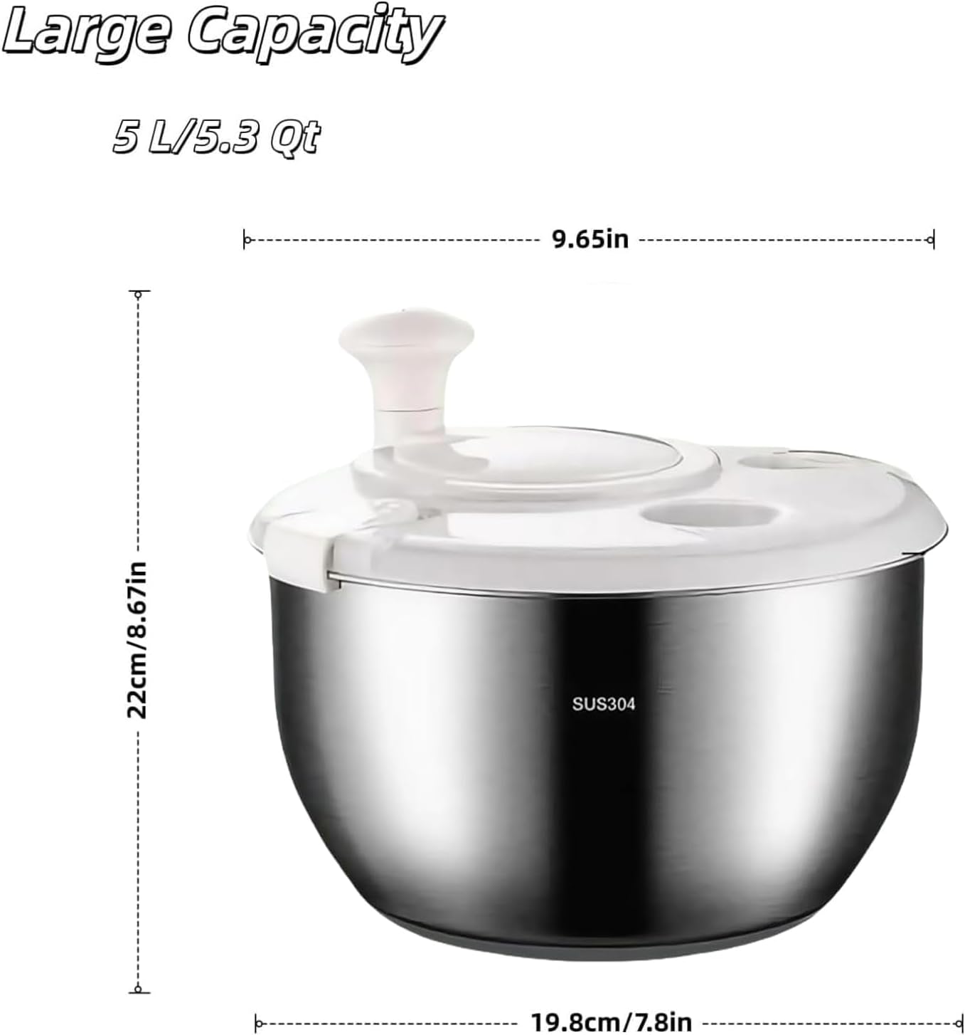 Stainless Steel Salad Spinner, Salad Spinners Large, Lettuce Spinner, with Drainage Basket Drainage Outlet, Used for Cleaning and Drying Vegetables Food and Fruits Quick Spin Vegetable Fruit Spinner