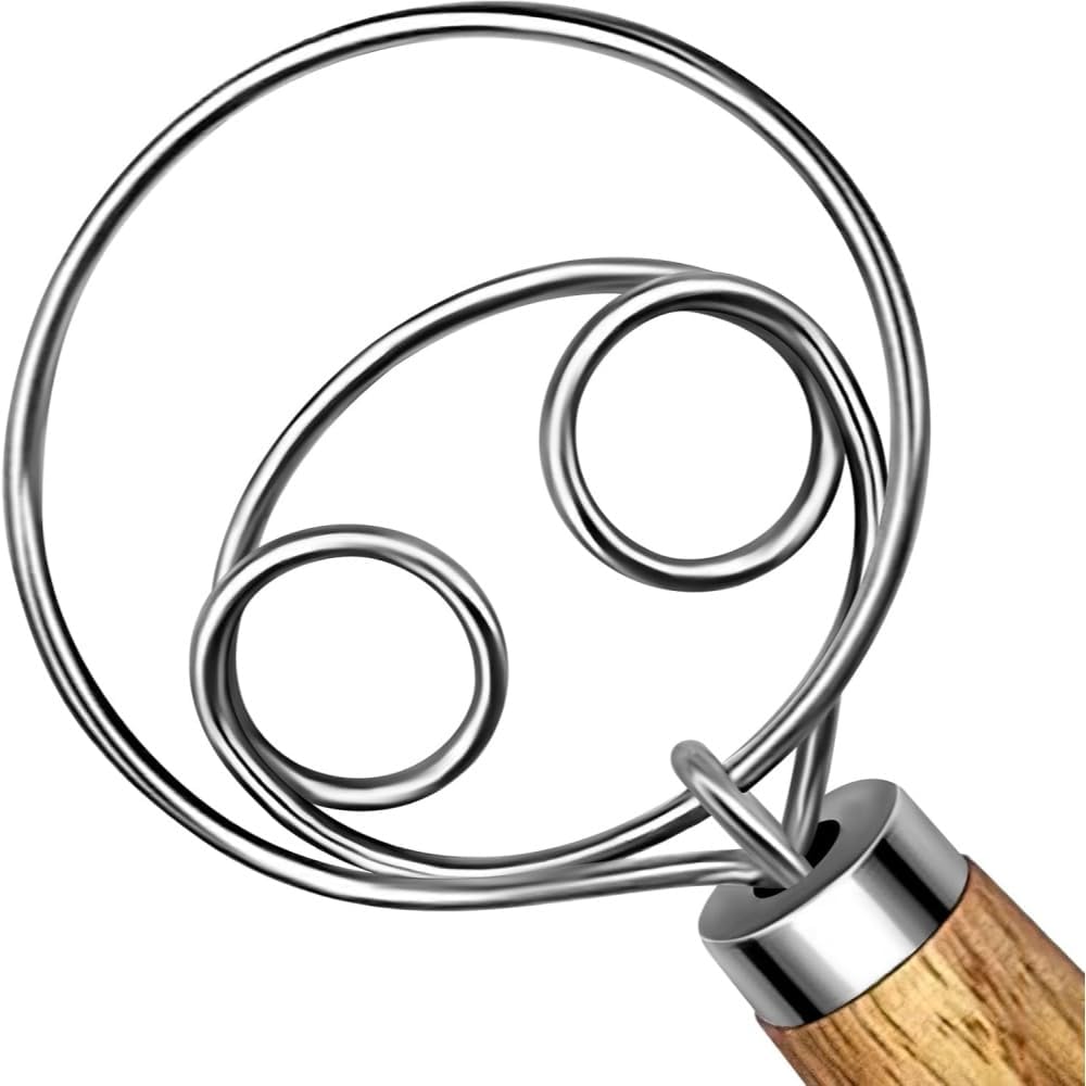 2 Pack Danish Dough Whisk 13inch Stainless Steel Wooden Handle Bread Hand Mixer for Sourdough Pizza Bread Baking Kitchen Whisking Mixing Tools