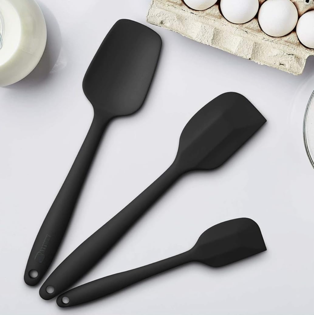 Silicone Spatula 3-Piece Set, Ergonomic Handle High Heat-Resistant Spatulas, Non-Stick Rubber Spatulas with Stainless Steel Core, Black