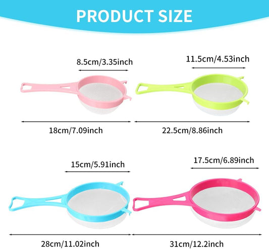 4Pcs Mesh Strainer Set, Plastic Fine Colander Set, Flour Sieve Filter Spoon with Handles, Sugar Sifters Fine Strainer Tea Filter for Filtering Coffee Juice Milk Honey Wine Pastas (COLOR:Random)