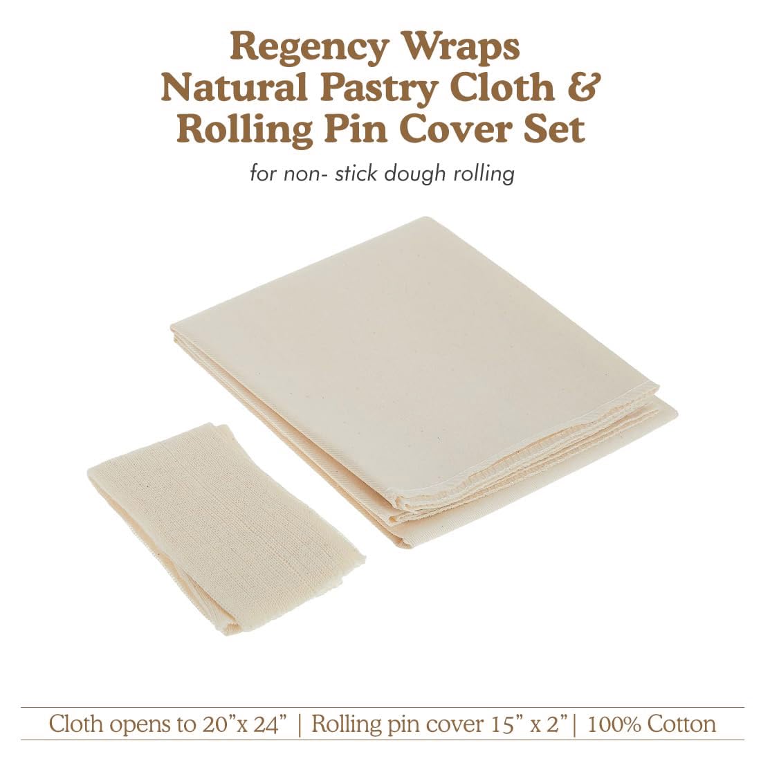 Regency Wraps Natural Pastry Cloth & Rolling Pin Cover Set, 100% Cotton Cloth & Pin Cover for Non-Stick Dough Rolling, 20x24" cloth with Sewn Edges ,15" Rolling Pin Cover