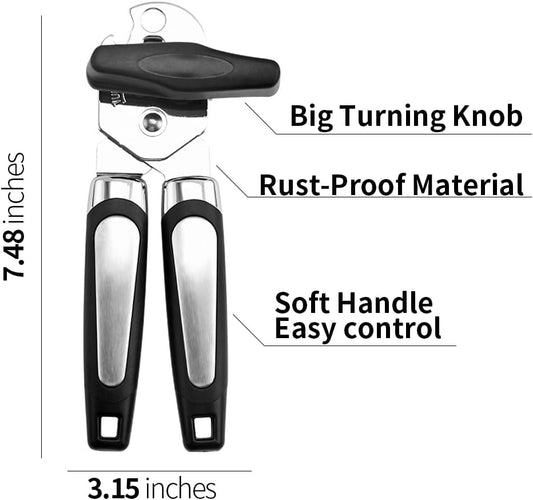Can Opener Manual,Stainless Steel Smooth Edge Can Opener with Big Effort-Saving Knob, Soft Touch Handle, Built in Bottle Opener,Includes Complimentary Jar Opener