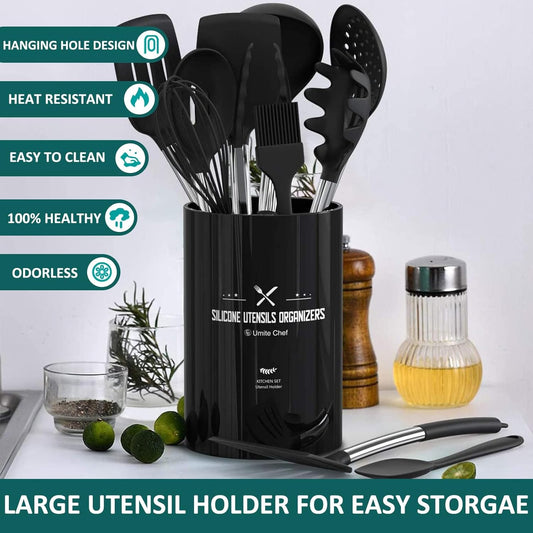 Silicone Cooking Utensil Set, 15pcs Silicone Cooking Kitchen Utensils Set, Non-stick - Best Kitchen Cookware with Stainless Steel Handle - Black Kitchen Utensils