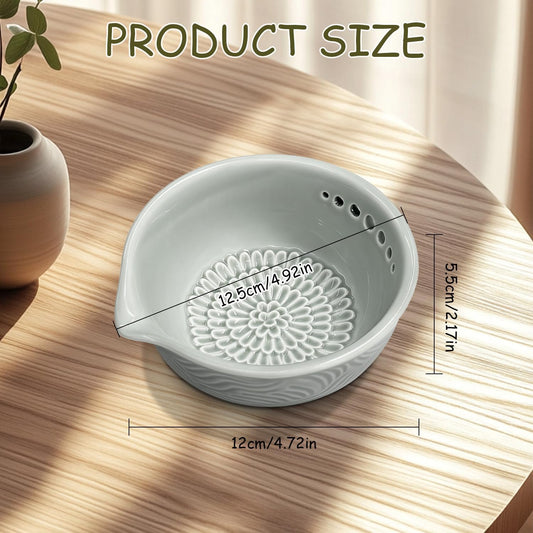 Grater Plate, 3 in 1 Ceramic Ginger Grater Bowl with Herb Stripper – Handmade Multi-Functional Kitchen Tool for Garlic, Ginger, Chocolate, Herbs, and Spices (Gray)