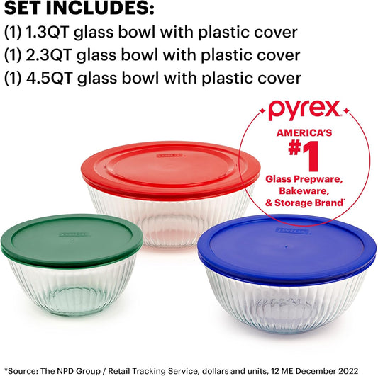 Sculpted (3-Pack) Glass Mixing Bowls Set With Plastic Lids For Prepping, Baking and Cooking, Preheated Oven, Dishwasher, Freezer, and Microwave Safe