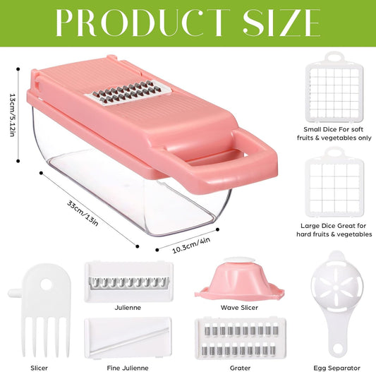 Pink Vegetable Chopper 16-in-1 Heavy Duty Food Chopper with Container Kitchen Spiralizer Gadgets for French Fry Onion Potato and Salad Cutter, Kitchen Tool