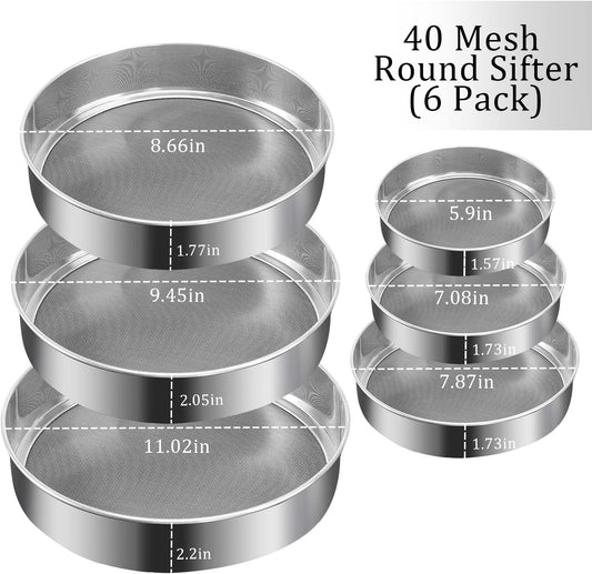 6 Pieces Stainless Steel Flour Sifter, Round Flour Sifter 40 Mesh, Premium Rustproof Flour Sieve Fine Mesh for Baking Cake Bread Pies Pastries Cupcakes(Different sizes)
