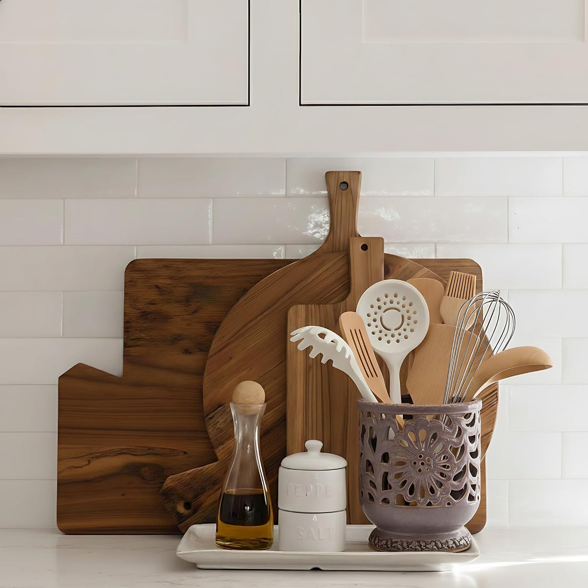 Farmhouse Kitchen Utensil Holder for Countertop, Ceramic Large Cooking Utensil Crock with Cork Mat, Decorative Rustic Utensil Holder for Kitchen Counter, Hollow Carving Flower, Blue