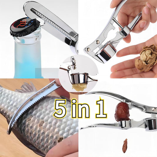 5-in-1 Stainless Steel Garlic Press Kitchen Gadget Crusher | Multi-Function Kitchen Gadget, Works as Garlic Mincer, Crusher, Bottle Opener and Pit Remover for Home Cooking & Food Prep