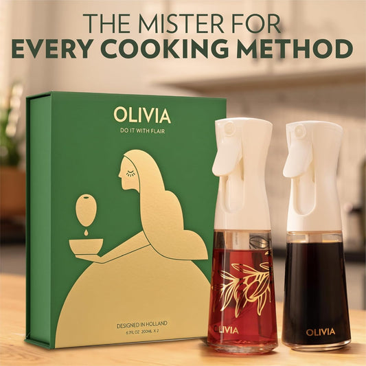 OLIVIA SIGNATURE Oil Sprayer, 2 Pack 200ml Glass, White | Portion control mist for air fryer, salad, BBQ, refillable & reusable, fine mist olive oil kitchen sprayer, anti-drip