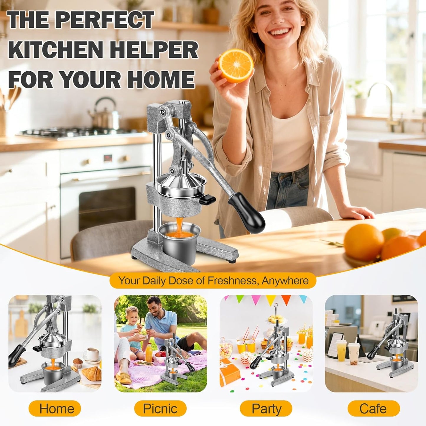 Lemon Squeezer Manual Citrus Juicer Press, Heavy Duty Cast Iron Orange Juicer with Stainless Steel Cone, Commercial Lever Juice Press for Lemon, Lime & Citrus Fruits, Easy to Clean
