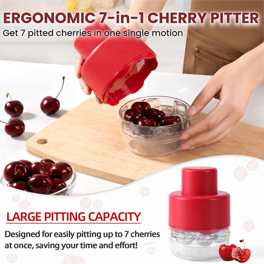 7-IN-1 Large Cherry Pitter Tool - Portable Cherry Corer Pitter with Ergonomic Push Design - Easy to Use for Making Cherry Jam - Pit 7 Cherries at Once, Saving Time & Effort - Red