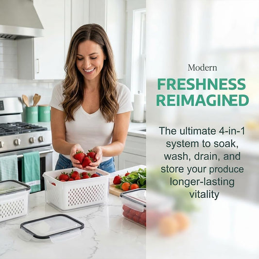 4 In 1 Food Storage Container, Fruit Storage Containers for Fridge, Produce Saver Containers, Refrigerator Fruit Washing Bowl With Strainer for Fridge Keep Fresh (Grey, 2-Piece M)