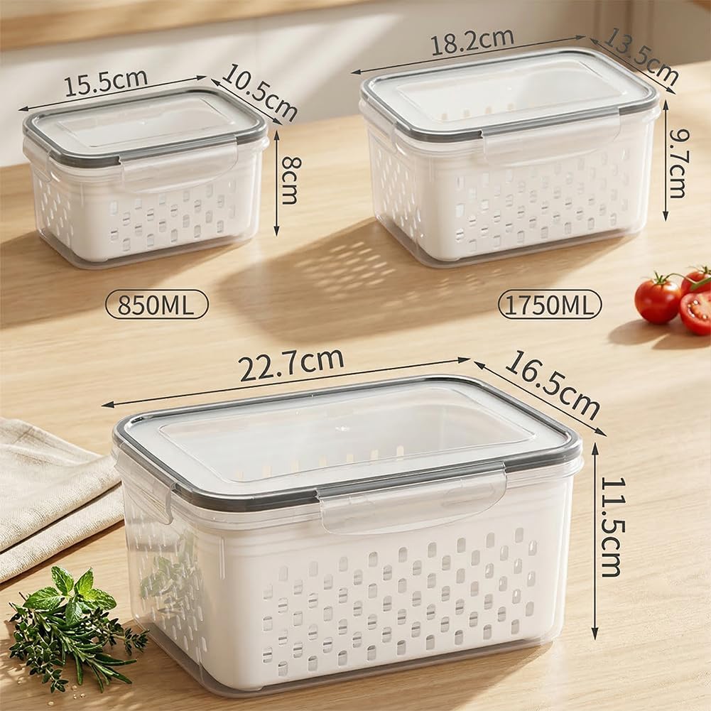 4 In 1 Food Storage Container, Fruit Storage Containers for Fridge, Produce Saver Containers, Refrigerator Fruit Washing Bowl With Strainer for Fridge Keep Fresh (Grey, 2-Piece M)