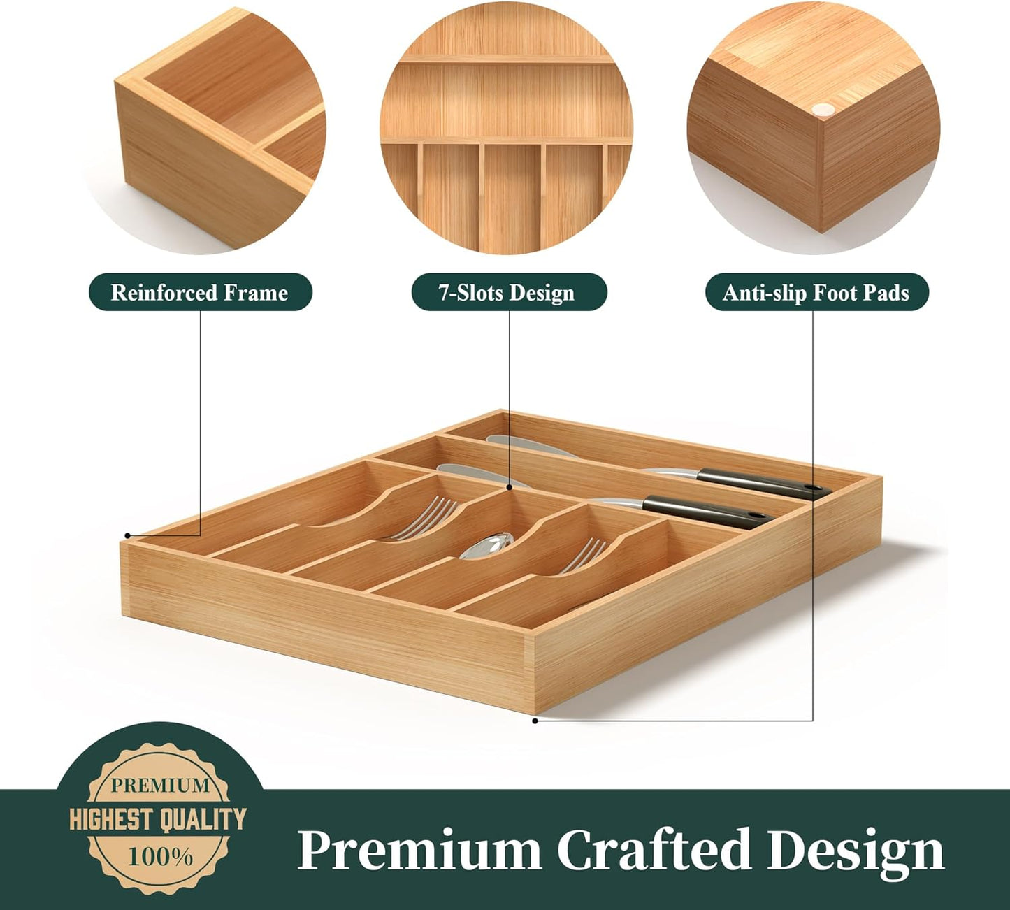 Bamboo Silverware Organizer, Kitchen Drawer Organizer, Utensil Holder, Cutlery Tray & Spoon Flatware Storage with Grooved Drawer Dividers (9.5''W x 13.5''D)