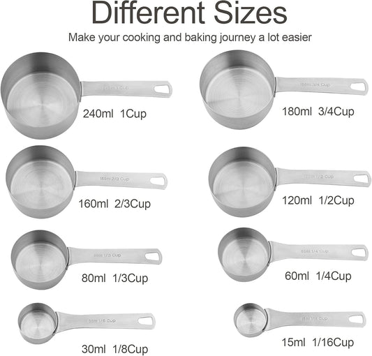 Measuring Cups and Spoons Set, 18/8 Stainless Steel Measuring Cups and Spoons for Kitchen & Baking, Heavy Duty Metric & US 8 Measuring cups, 9 Measuring Spoons Set