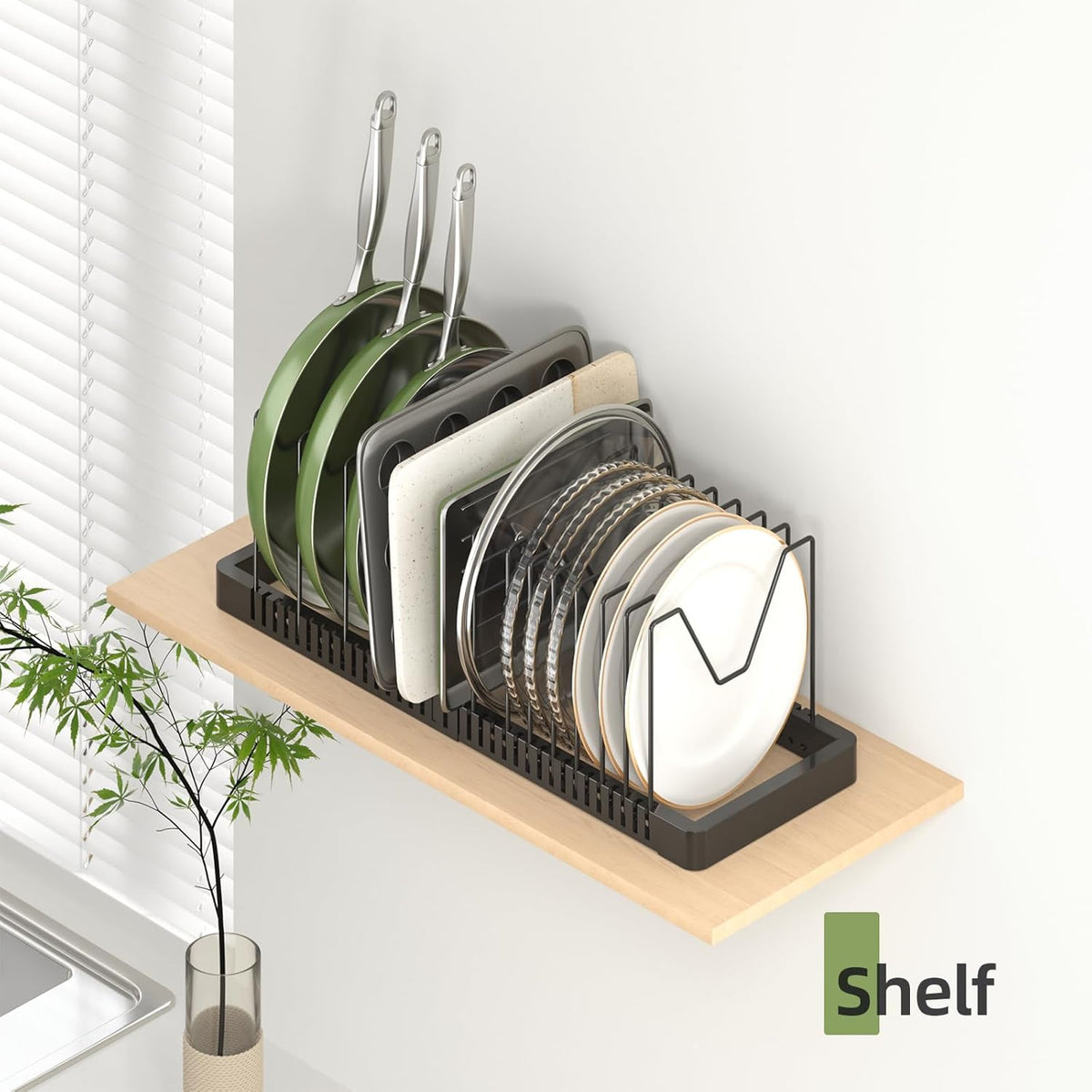 Pots and Pans Organizer under Cabinet, Expandable Pot Lid Organizer Holder with 10 Adjustable Compartment, Pan Organizers inside Cabinet for Lids, Bakeware, Kitchen Storage Pot Rack, Black