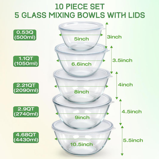 Glass Mixing Bowls with Lids Set of 5(4.7QT, 2.9QT, 2.2QT, 1.1QT, 0.53QT), Thick Glass Large Salad Bowls, Space-Saving Nesting Bowls for Kitchen Baking, Prepping, Cooking, Dishwasher, Microwave Safe