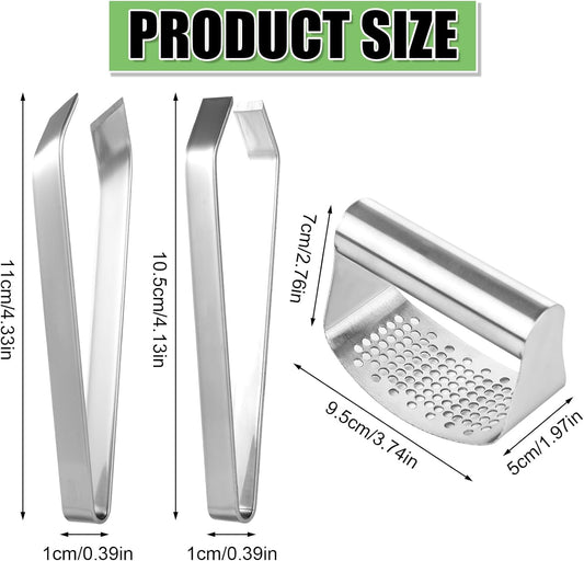 Garlic Press and Peeler Set, 2pcs Stainless Steel Garlic Mincer 1pcs Stainless Steel Garlic Chopper Garlic Tweezers Garlic Crusher Garlic Clippers Garlic Press Rocker Easy Faster Kitchen Tools