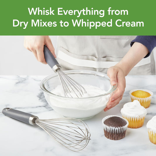 Wire Whisk Set of 2 for Baking Cooking Mixing Whisking, 10" & 12" Inch Stainless Steel Wire Kitchen Whisk Set Balloon Design Sturdy Comfort Grip Handle BPA Free Dishwasher Safe, Charcoal Gray