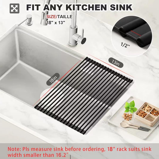 Roll Up Dish Drying Rack, Silicone Wrapped Over The Sink Dish Rack Foldable Dish Drainer Anti-Slip Dish Racks for Kitchen Counter, Multipurpose Kitchen Sink Drying Rack, 18" x 13", Black