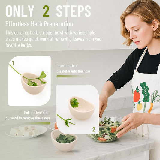 Pottery Herb Stripper Bowl, White, Small | 4 Different Hole Sizes, Separates Leaves and Stems, Handmade, Kitchen Tool