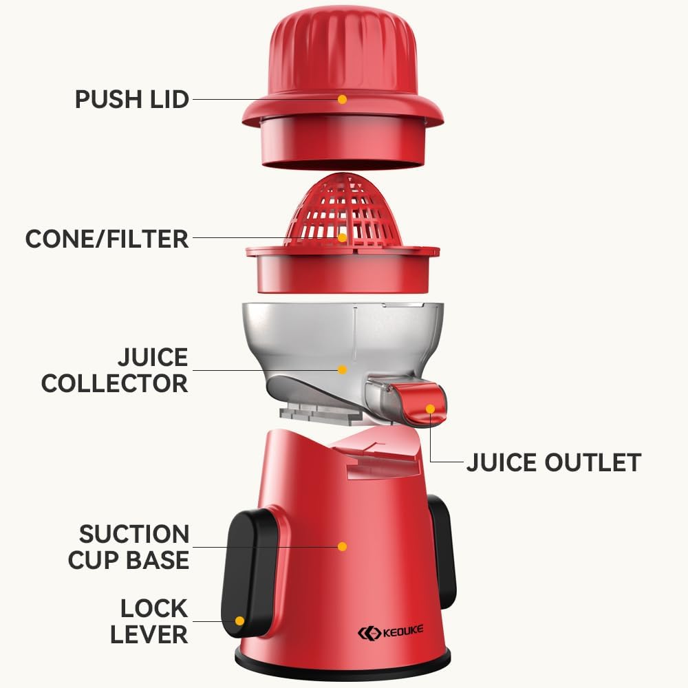 Manual Citrus Juicer Tower Red - Detachable with Juice Storage, Non-Slip Suction Base, Easy to Clean, Includes Cleaning Brush - for Oranges, Lemons, Limes, Grapefruits