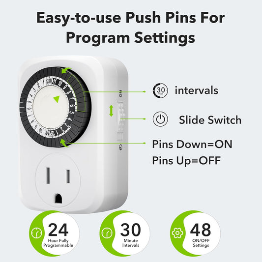 Indoor Mini 24-Hour Mechanical Outlet Timer, for Electrical Outlets, 30 Minute Intervals, 3-Prong, 2-Pack, Light Timer for Indoor Lighting, ETL Listed