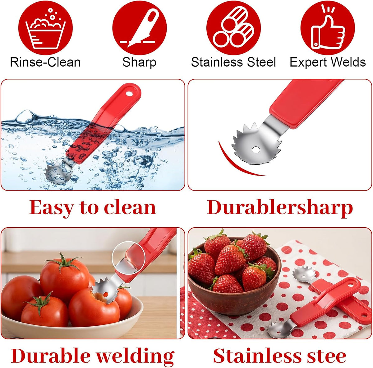 4PCS Tomato Corer Tool, Strawberry Corer Tool, Stainless Steel Strawberry Stem Remover Handle with Hole for Fruit Vegetable Stem Remover Efficient Kitchen Gadget