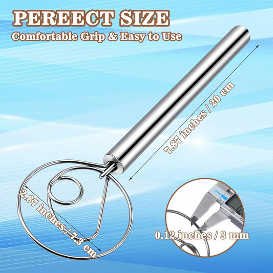 7.87 Inch Danish Dough Whisk Stainless Steel Dutch Whisk Sourdough Mixer Tools For Pizza Pastry Cake Batter Mixing Easy & Quick Ergonomic Bread Dough With Single Hole Design, Silver