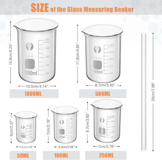 10 Pieces Glass Measuring Beaker and Graduated Measuring Cylinder with Stirring Rod 50/100/ 250/500/ 1000 ml Thick Glass Beakers and 5/10/ 50/100 ml Graduated Cylinders for Science Lab