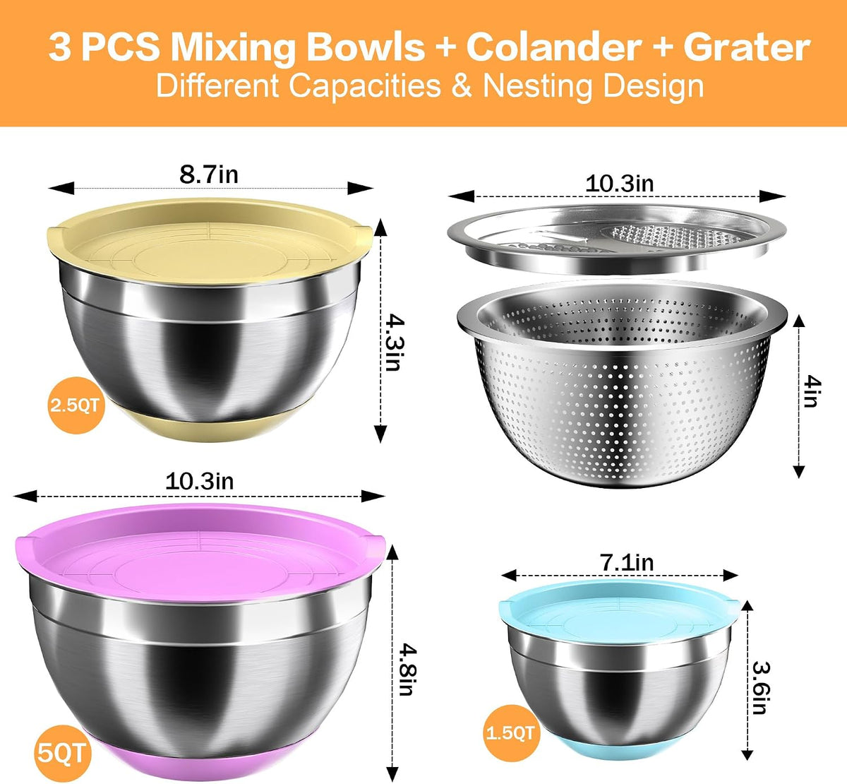 Nicdiet Mixing Bowls with Airtight Lids, Stainless Steel Mixing Bowl Set with 3 Metal Nesting Bowls, Colander & Grater, Non-Slip Bottoms, Size 1.5, 2.5, 5 QT, Great for Mixing & Serving, Khaki