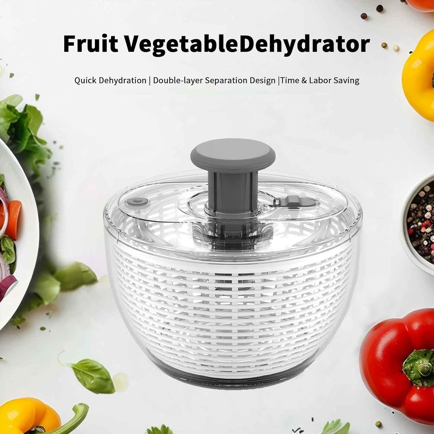 quick press salad spinner and vegetable washer tool for lettuce spinner capacity Fruit Washing Bowl with fruit washing bowl with strainer dehydrator kitchen appliances (Large - 6.34 qt)