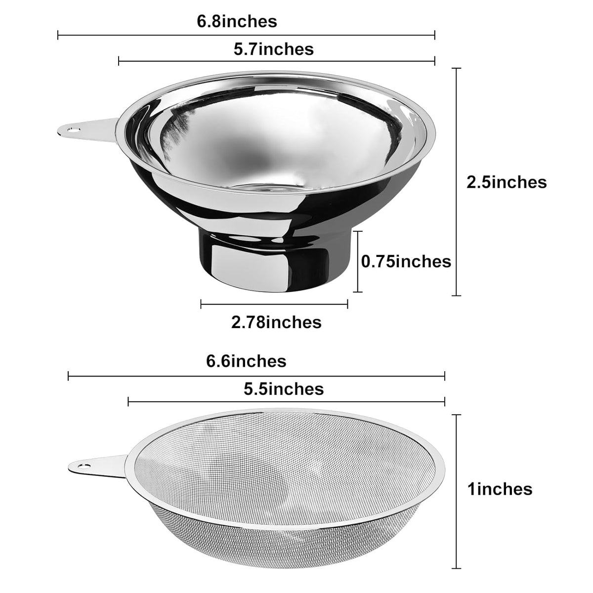 Stainless Steel Funnel, 2 Large and Small Mouth Filling Kitchen funnels, Liquids, fluids, Spices and Powders, Durable and Washable.