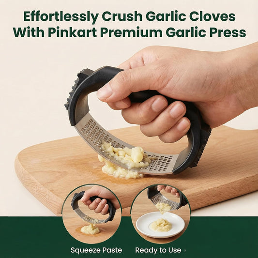 Stainless Steel Garlic Press Rocker Set – Ergonomic Garlic Crusher and Mincer Tool for Effortless Pressing. Includes Silicone Peeler and Cleaning Brush. Dishwasher Safe Kitchen Gadget (Black Handle)