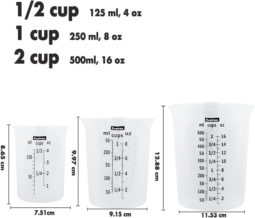 Silicone Measuring Cup Set for Cooking | Non-Slip Melting Cups Flexible Pour Cup for Butter, Chocolate, Water, 1/2 Cup&1 Cup&2 Cup
