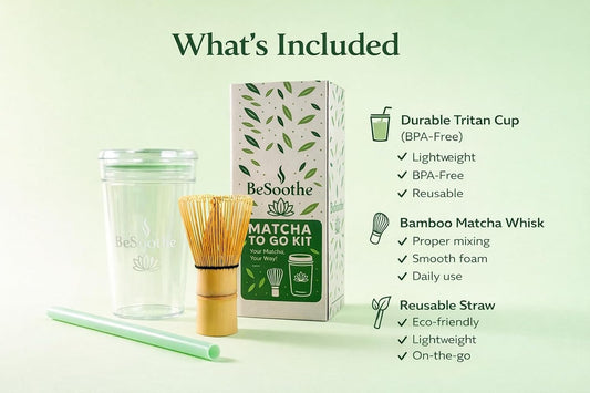 Matcha Whisk & Travel Cup Set – Bamboo Matcha Whisk, Tritan To-Go Cup & Reusable Straw – Matcha Gift Kit - Reusable Travel Cup with Lid and Straw for To Go Iced Matcha and Iced Coffee
