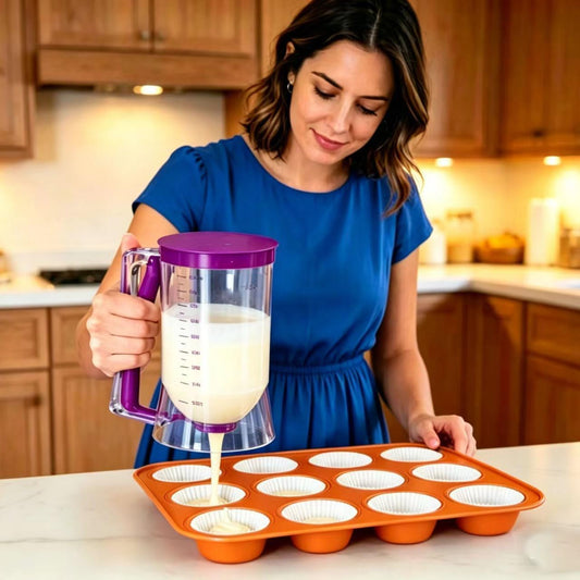 Pancake Batter Dispenser – 4-Cup Batter Dispenser with Squeeze Handle & Measuring Marks for Pancakes, Waffles, Muffins, Crepes & Cupcakes – Baking Tool (purple)