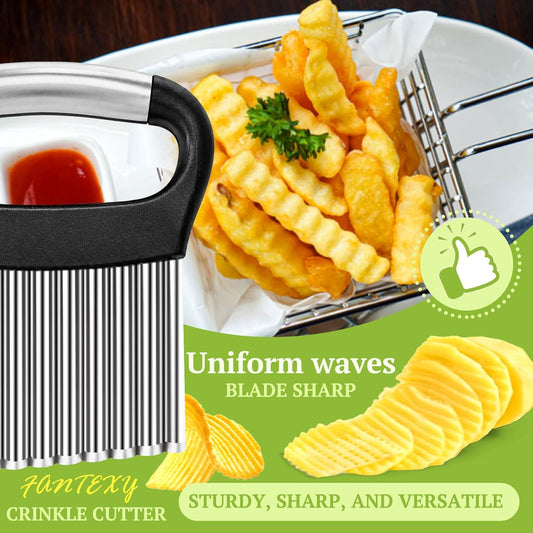 FANTEXY Crinkle Cutter, Stainless Steel, Black | For Veggies, French Fry Cutter, For Potatoes Cucumbers Carrot, Wavy Chopper, Waffle Fry Cutter