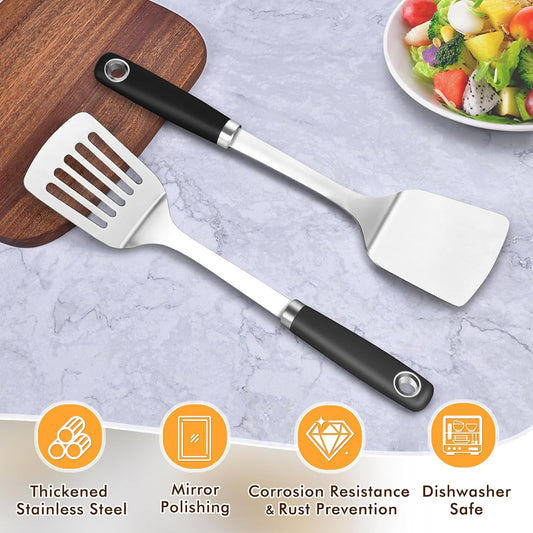 2 Pcs Silicone Stainless Steel Spatulas Set, Metal Spatula Solid & Slotted Turner, Heavy Duty Sturdy Spatula for Kitchen Use, High Heat Resistant Cooking Utensils for Fish Eggs Pancakes, Easy to Clean