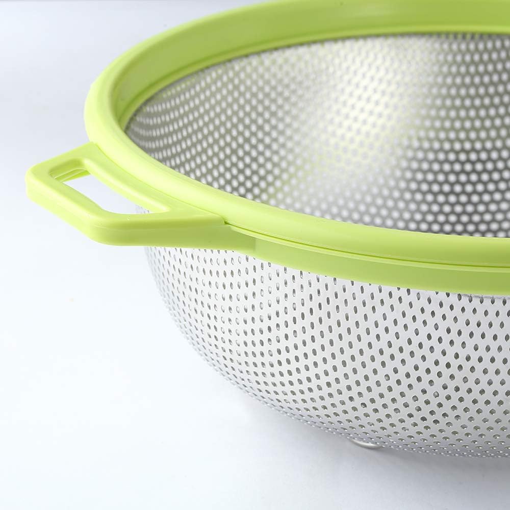Stainless Steel Colander With Handle and Legs, Large Metal Pink Strainer for Pasta, Spaghetti, Berry, Veggies, Fruits, Noodles, Salads, 5-quart 10.5” Kitchen Mesh Colander, Dishwasher Safe