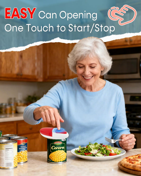 Electric Can Opener for Seniors One Touch - Easy Use, Smooth Edge Side Cut Auto Can Opener with Power Motor Fits All Can Sizes - Battery Operated, Hand Free for Kitchen (Red)