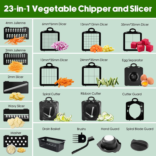 Vegetable Chopper, 10 Blades Slicer Onion Dicer, Multi 23-in-1 Veggie Mandoline Food Cutter for Tomato Fruit, Vegetable cutter with Hand Protector, Egg Separator & Slicer, Container(Black)