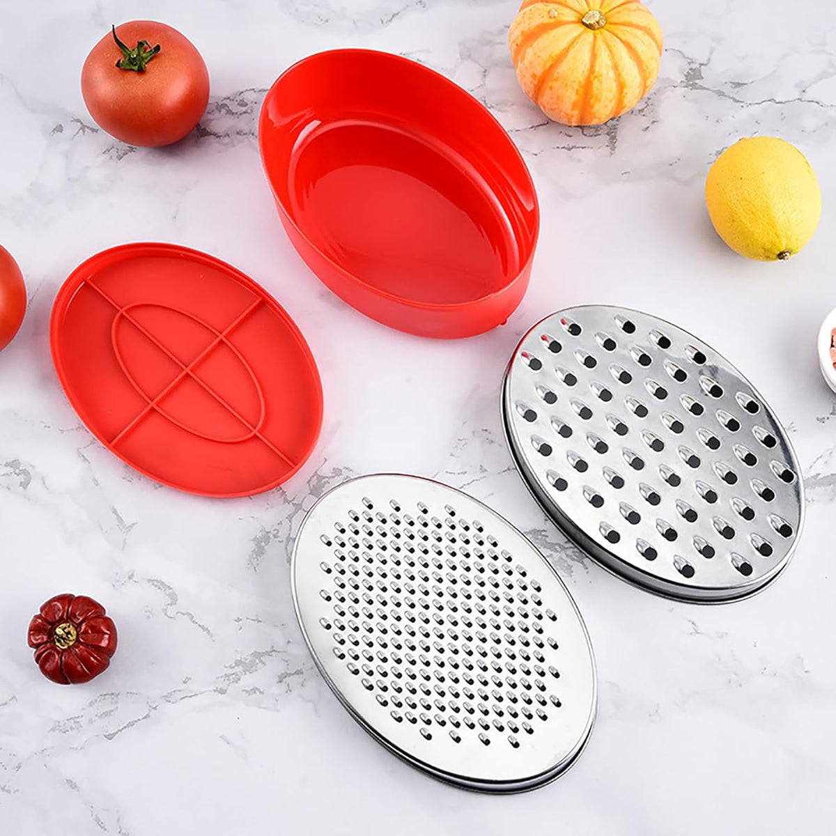 Stainless Steel Cheese Grater with Airtight Storage Container - Box Grater for Kitchen, Shredder for Parmesan, Cheddar, Vegetables, Chocolate, Nutmeg - Includes Lemon for Citrus, Ginger, Butter