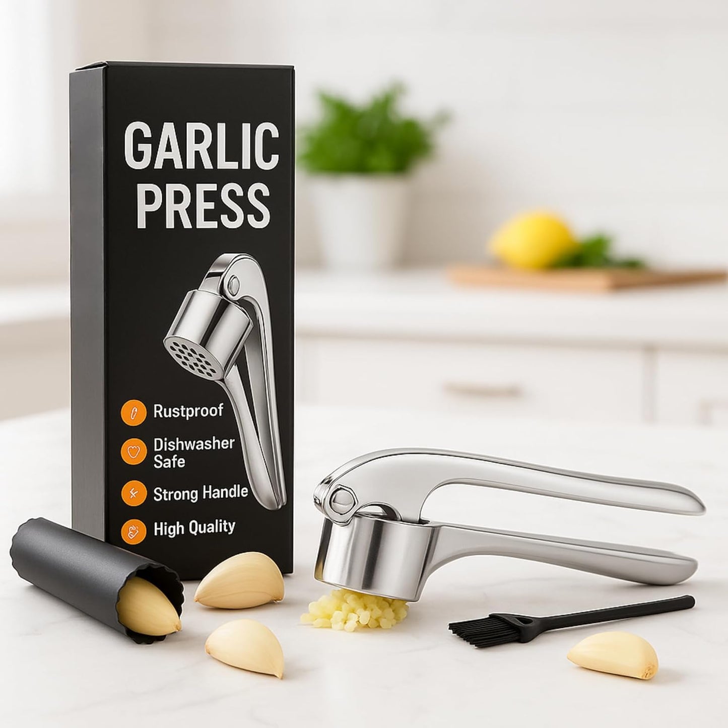 Stainless Steel Garlic Press, Rustproof Garlic Crusher, Dishwasher Safe, Silver