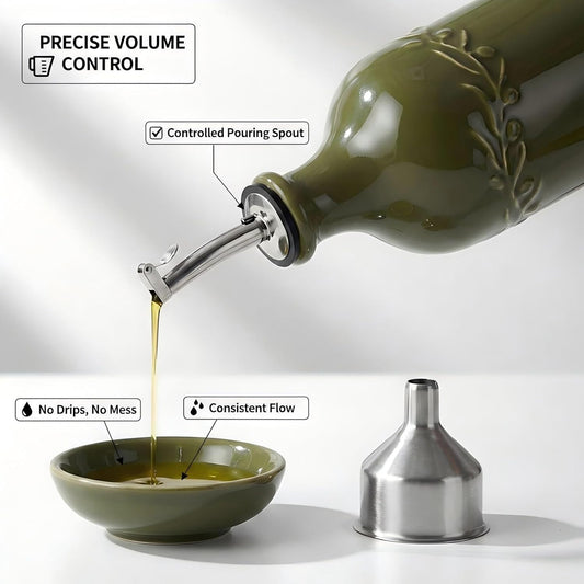 ONEMORE Ceramic Olive Oil Dispenser Bottle with Pour Spouts & Funnel, 17 oz Refillable Kitchen Oil Dispenser for Cooking, Drizzling, Dressing, Modern Leakproof Oil and Vinegar Dispenser, White