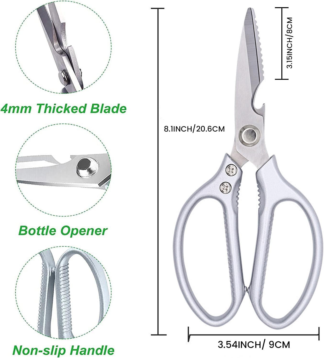 Kitchen Scissors All purpose, Have duty Stainless Steel Cooking Shears for Cutting Meat,Chicken, Poultry, Fish, Herbs, Seafood Scissors with Comfort Grip siver