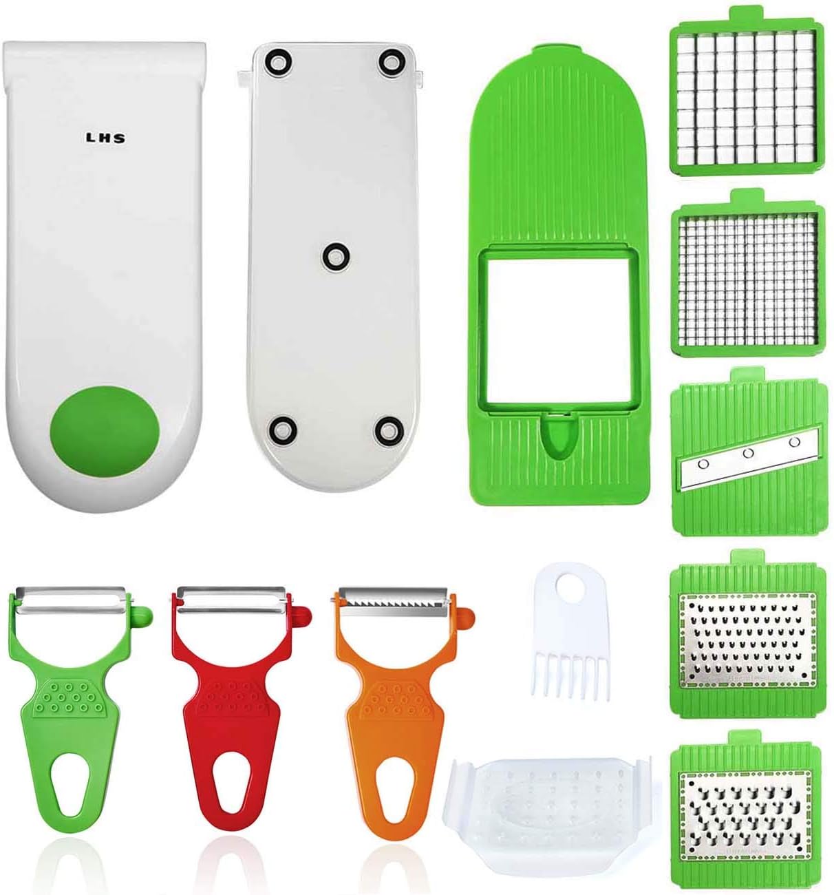 LHS Vegetable Chopper, Pro Onion Slicer Dicer Cutter Shredded- Cheese & Veggie Plus Peeler and Julienne with 8 Blades (Green)